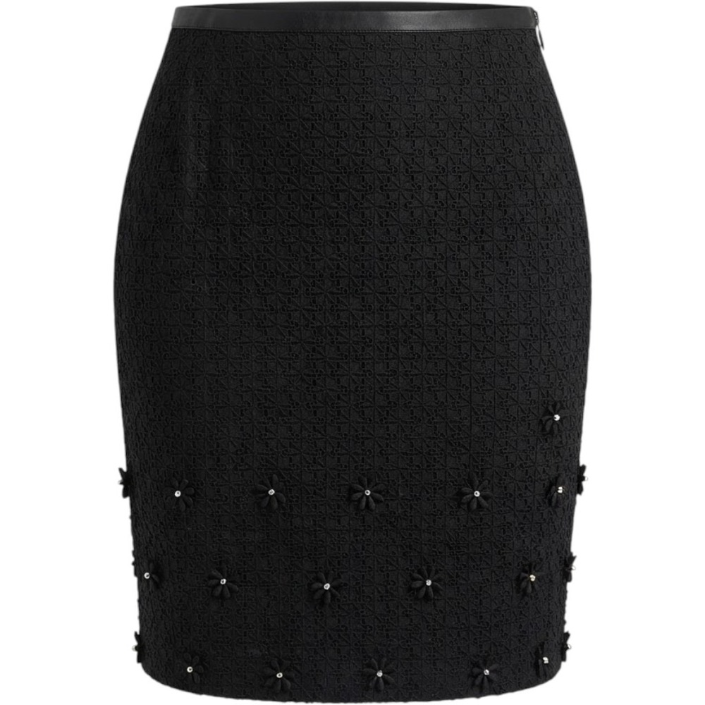Carlisle Collection Pencil Skirt 8 Black Eyelet Lace 3D Floral Applique Cotton
